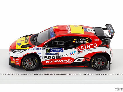 Toyota Yaris GR RALLY2 Team Teo Martin Motorsport N°2 Víťaz Rally FIA Motorsport Games Valencia 2024 Alejandro Cachon - Borja Rozada 1:43 Spark Model červená biela žltá
