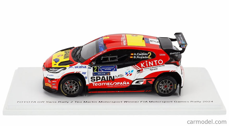 Toyota Yaris GR RALLY2 Team Teo Martin Motorsport N°2 Víťaz Rally FIA Motorsport Games Valencia 2024 Alejandro Cachon - Borja Rozada 1:43 Spark Model červená biela žltá