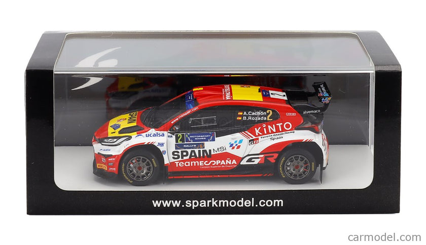 Toyota Yaris GR RALLY2 Team Teo Martin Motorsport N°2 Víťaz Rally FIA Motorsport Games Valencia 2024 Alejandro Cachon - Borja Rozada 1:43 Spark Model červená biela žltá