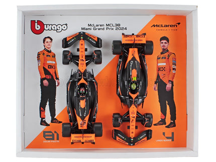 McLAREN | SET F1  2X MCL38 TEAM MCLAREN N 4 SEASON 2024 LANDO NORRIS + N 81 OSCAR PIASTRI - WITH PILOT | ORANGE BLACK