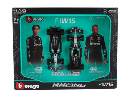 MERCEDES GP | SET F1  2X W15 TEAM MERCEDES-AMG PETRONAS FORMULA ONE N 44 SEASON 2024 LEWIS HAMILTON + N 63 GEORGE RUSSELL | BLACK SILVER GREEN