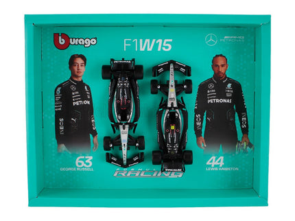 MERCEDES GP | SET F1  2X W15 TEAM MERCEDES-AMG PETRONAS FORMULA ONE N 44 SEASON 2024 LEWIS HAMILTON + N 63 GEORGE RUSSELL | BLACK SILVER GREEN