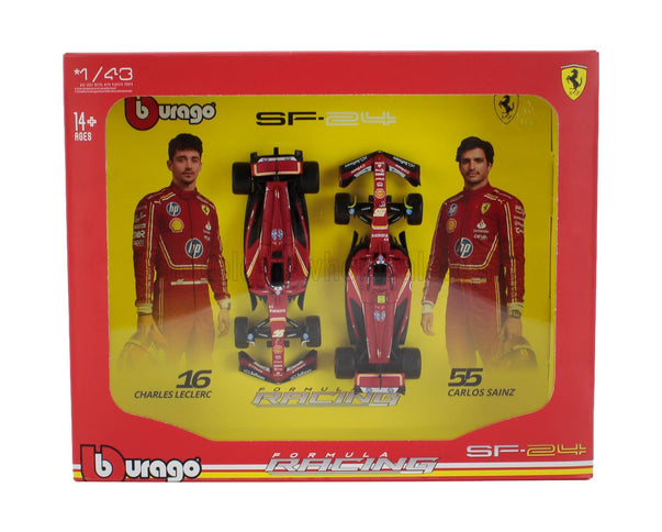 FERRARI | SET F1  2X SF-24 TEAM SCUDERIA FERRARI N 16 SEASON 2024 CHARLES LECLERC + N 55 CARLOS SAINZ | RED BLACK