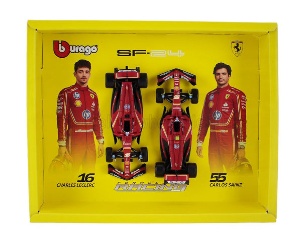 FERRARI | SET F1  2X SF-24 TEAM SCUDERIA FERRARI N 16 SEASON 2024 CHARLES LECLERC + N 55 CARLOS SAINZ | RED BLACK