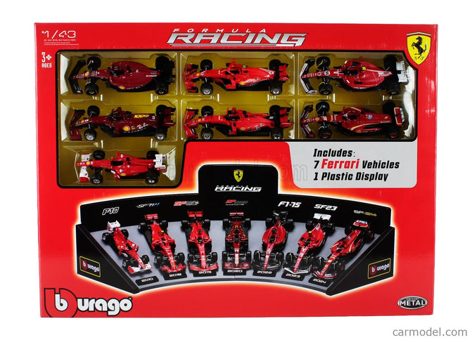 Ferrari Set F1 7X Team Scuderia Ferrari N°5 2019 Sebastian Vettel - SF1000 N°16 2020 - SF21 N°16 Sezóna 2021 - SF-75 N°55 2022 - SF-23 N°55 2023 - SF-24 N°16 2024 Charles Leclerc + N°55 Carlos Sainz 1:43 Bburago červená čierna