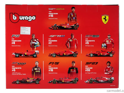 Ferrari Set F1 7X Team Scuderia Ferrari N°5 2019 Sebastian Vettel - SF1000 N°16 2020 - SF21 N°16 Sezóna 2021 - SF-75 N°55 2022 - SF-23 N°55 2023 - SF-24 N°16 2024 Charles Leclerc + N°55 Carlos Sainz 1:43 Bburago červená čierna