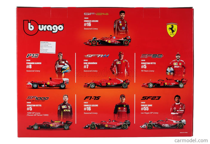 Ferrari Set F1 7X Team Scuderia Ferrari N°5 2019 Sebastian Vettel - SF1000 N°16 2020 - SF21 N°16 Sezóna 2021 - SF-75 N°55 2022 - SF-23 N°55 2023 - SF-24 N°16 2024 Charles Leclerc + N°55 Carlos Sainz 1:43 Bburago červená čierna