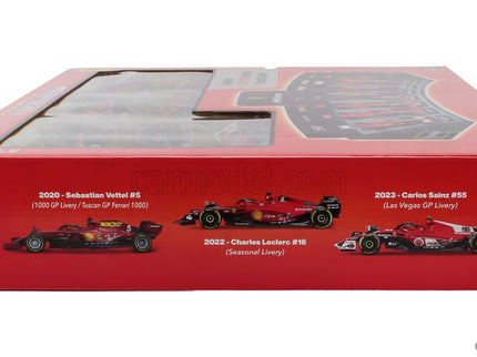 Ferrari Set F1 7X Team Scuderia Ferrari N°5 2019 Sebastian Vettel - SF1000 N°16 2020 - SF21 N°16 Sezóna 2021 - SF-75 N°55 2022 - SF-23 N°55 2023 - SF-24 N°16 2024 Charles Leclerc + N°55 Carlos Sainz 1:43 Bburago červená čierna
