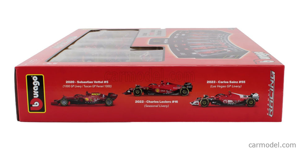 Ferrari Set F1 7X Team Scuderia Ferrari N°5 2019 Sebastian Vettel - SF1000 N°16 2020 - SF21 N°16 Sezóna 2021 - SF-75 N°55 2022 - SF-23 N°55 2023 - SF-24 N°16 2024 Charles Leclerc + N°55 Carlos Sainz 1:43 Bburago červená čierna