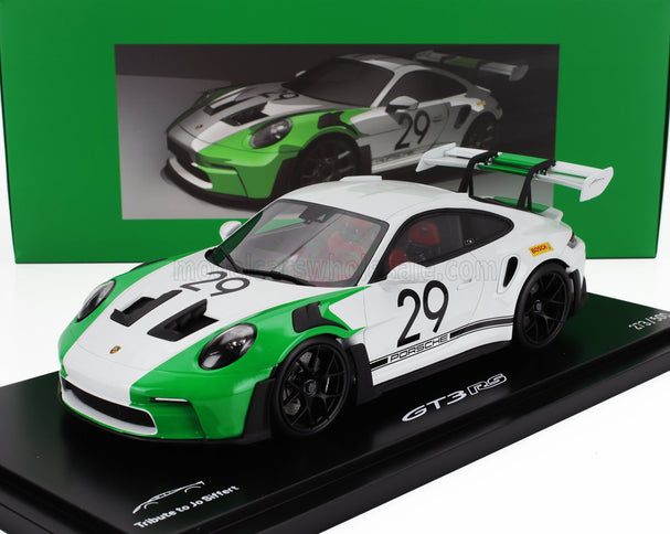 PORSCHE | 911 992 GT3 RS N 29 RACING COUPE JO SIFFERT TRIBUTE 2023 - CON VETRINA - WITH SHOWCASE | WHITE GREEN