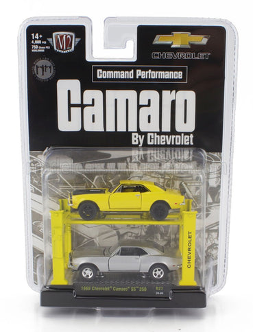 CHEVROLET | 2x CAMARO SS 350 COUPE 1968 - GARAGE SET OFFICINA - PONTE SOLLEVATORE AUTO - FOUR POST LIFT | YELLOW SILVER