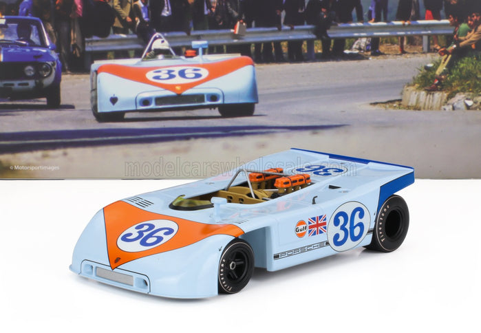 PORSCHE | 908/03 SPIDER TEAM JOHN WYER AUTOMOTIVE ENGINEERING GULF N 36 TARGA FLORIO 1970 RICHARD ATTWOOD - BJORN WALDEGAARD | LIGHT BLUE ORANGE
