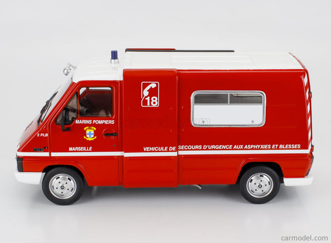 Renault Master T30D Van Vehicule De Secours D'urgence Aux Asphyxies Marseille Marine Sapeurs Pompiers 1980 1:18 Otto Mobile červená biela