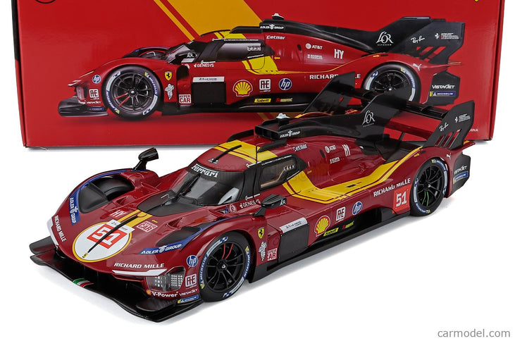 Ferrari 499P 3.0L Turbo V6 Team Ferrari AF Corse N°51 3. Miesto 24h Le Mans 2025 Alessandro Pier Guidi - James Calado - Antonio Giovinazzi 1:18 Bburago červená žltá čierna