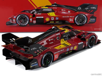 Ferrari 499P 3.0L Turbo V6 Team Ferrari AF Corse N°51 3. Miesto 24h Le Mans 2025 Alessandro Pier Guidi - James Calado - Antonio Giovinazzi 1:18 Bburago červená žltá čierna