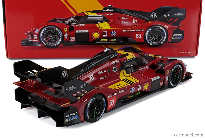 Ferrari 499P 3.0L Turbo V6 Team Ferrari AF Corse N°51 3. Miesto 24h Le Mans 2025 Alessandro Pier Guidi - James Calado - Antonio Giovinazzi 1:18 Bburago červená žltá čierna
