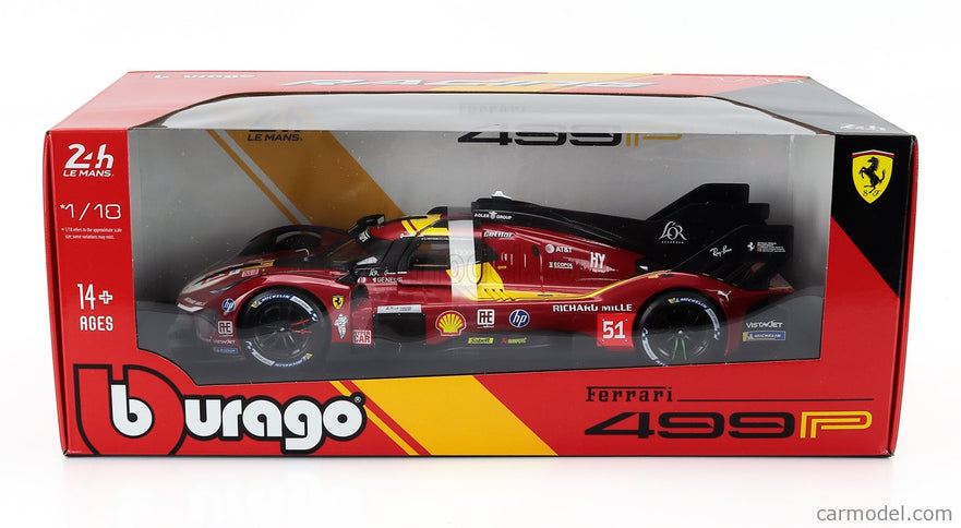 Ferrari 499P 3.0L Turbo V6 Team Ferrari AF Corse N°51 3. Miesto 24h Le Mans 2025 Alessandro Pier Guidi - James Calado - Antonio Giovinazzi 1:18 Bburago červená žltá čierna