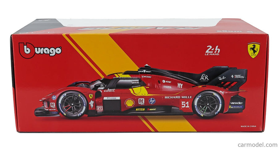 Ferrari 499P 3.0L Turbo V6 Team Ferrari AF Corse N°51 3. Miesto 24h Le Mans 2025 Alessandro Pier Guidi - James Calado - Antonio Giovinazzi 1:18 Bburago červená žltá čierna