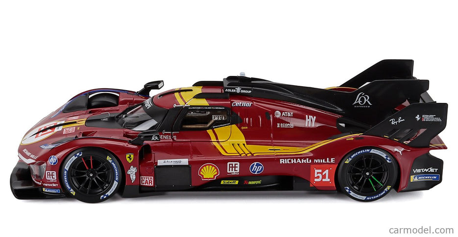 Ferrari 499P 3.0L Turbo V6 Team Ferrari AF Corse N°51 3. Miesto 24h Le Mans 2025 Alessandro Pier Guidi - James Calado - Antonio Giovinazzi 1:18 Bburago červená žltá čierna