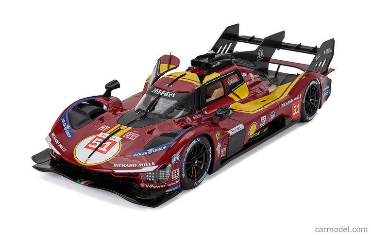 Ferrari 499P 3.0L Turbo V6 Team Ferrari AF Corse N°51 3. Miesto 24h Le Mans 2025 Alessandro Pier Guidi - James Calado - Antonio Giovinazzi 1:18 Bburago červená žltá čierna