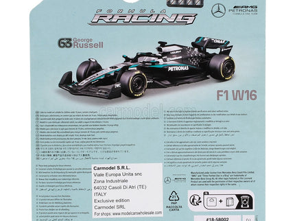 Mercedes Benz F1 W16 Team AMG Petronas Motorsport N°63 Sezóna 2025 George Russell 1:64 Bburago čierna strieborná zelená