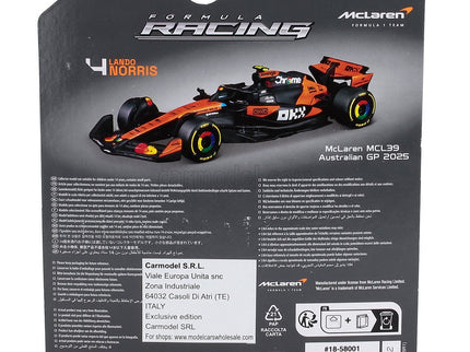 Mclaren F1 MCL39 Team Mclaren N°4 Majster Sveta Sezóna 2025 Lando Norris 1:64 Bburago oranžová čierna