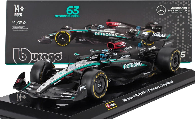 MERCEDES GP | F1  W15 EQ PERFORMANCE TEAM AMG PETRONAS MOTORSPORT N 63 SEASON 2024 GEORGE RUSSELL - WITH PILOT AND SHOWCASE | BLACK SILVER GREEN