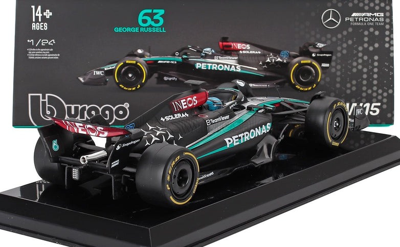 MERCEDES GP | F1  W15 EQ PERFORMANCE TEAM AMG PETRONAS MOTORSPORT N 63 SEASON 2024 GEORGE RUSSELL - WITH PILOT AND SHOWCASE | BLACK SILVER GREEN