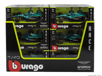 ASTON MARTIN F1 - Set 12X - Espositore - Display Stand - AMR25 Team Aramco Cognizant N°14 Sezóna 2025 Fernando Alonso + N°18 Lance Stroll 1:43 Bburago zelená čierna