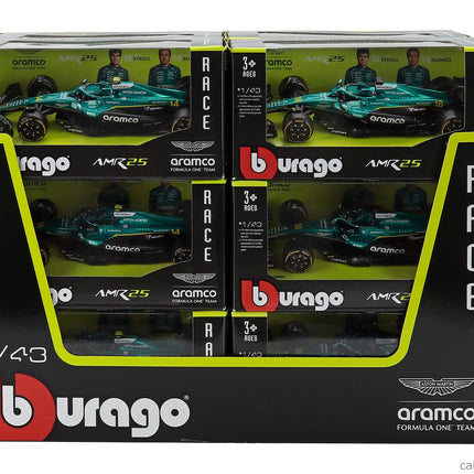 ASTON MARTIN F1 - Set 12X - Espositore - Display Stand - AMR25 Team Aramco Cognizant N°14 Sezóna 2025 Fernando Alonso + N°18 Lance Stroll 1:43 Bburago zelená čierna