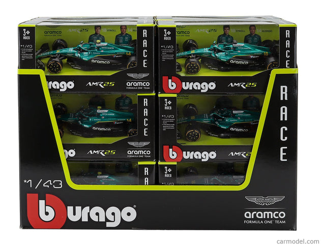 ASTON MARTIN F1 - Set 12X - Espositore - Display Stand - AMR25 Team Aramco Cognizant N°14 Sezóna 2025 Fernando Alonso + N°18 Lance Stroll 1:43 Bburago zelená čierna