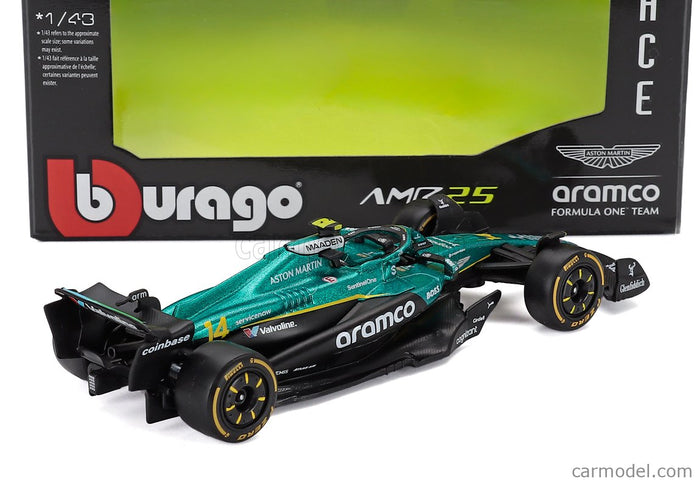 ASTON MARTIN F1 - Set 12X - Espositore - Display Stand - AMR25 Team Aramco Cognizant N°14 Sezóna 2025 Fernando Alonso + N°18 Lance Stroll 1:43 Bburago zelená čierna