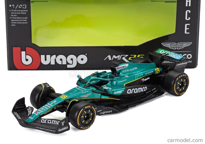 ASTON MARTIN F1 - Set 12X - Espositore - Display Stand - AMR25 Team Aramco Cognizant N°14 Sezóna 2025 Fernando Alonso + N°18 Lance Stroll 1:43 Bburago zelená čierna