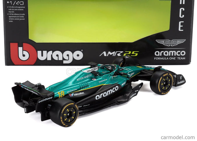 ASTON MARTIN F1 - Set 12X - Espositore - Display Stand - AMR25 Team Aramco Cognizant N°14 Sezóna 2025 Fernando Alonso + N°18 Lance Stroll 1:43 Bburago zelená čierna