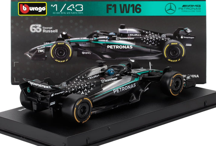 MERCEDES GP | F1  W16 TEAM AMG PETRONAS MOTORSPORT N 63 SEASON 2025 GEORGE RUSSELL - WITH PILOT AND SHOWCASE | BLACK SILVER GREEN