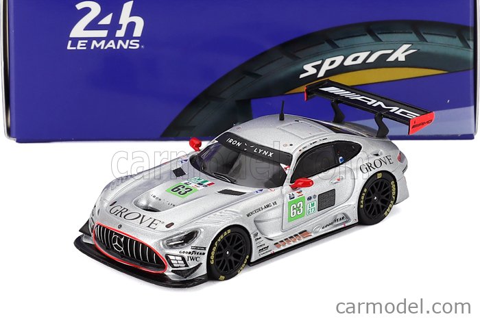 Mercedes Benz AMG GT3 EVO 6.2L V8 Team Iron Lynx N°63 24h Le Mans 2025 Brenton Grove - Stephen Grove - Luca Stolz 1:64 Spark Model strieborná