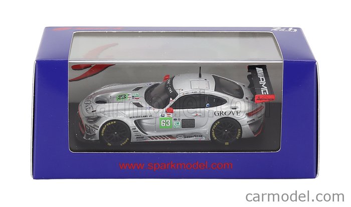 Mercedes Benz AMG GT3 EVO 6.2L V8 Team Iron Lynx N°63 24h Le Mans 2025 Brenton Grove - Stephen Grove - Luca Stolz 1:64 Spark Model strieborná