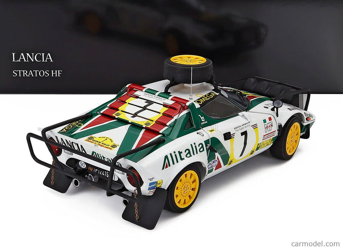 Lancia Stratos HF Alitalia (night Version) N°7 3. Miesto Rally Safari 1977 Sandro Munari - Piero Sodano 1:18 Kyosho biela zelená červená