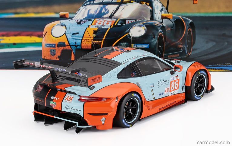 Porsche 911 991-2 RSR-19 4.2L Team GR Racing Gulf N°86 24h Le Mans 2023 Ben Barker - Riccardo Pera - Michael Wainwright 1:18 IXO Models oranžová svetlomodrá čierna
