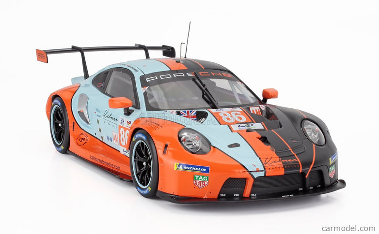 Porsche 911 991-2 RSR-19 4.2L Team GR Racing Gulf N°86 24h Le Mans 2023 Ben Barker - Riccardo Pera - Michael Wainwright 1:18 IXO Models oranžová svetlomodrá čierna