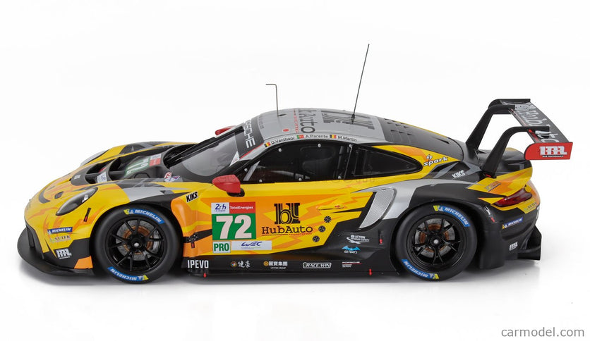 Porsche 911 991-2 4.2L RSR-19 Team Hubauto Racing N°72 24h Le Mans 2021 Maxime Martin - Alvaro Parente - Dries Vanthoor 1:18 IXO Models žltá čierna strieborná