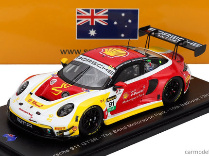 Porsche 911 992 GT3 R Team The Bend Motorsport Park N°91 12h Bathurst 2025 Laurin Heinrich - Yasser Shahin - Sam Shahin - Morris Schuring 1:43 Spark Model žltá červená biela