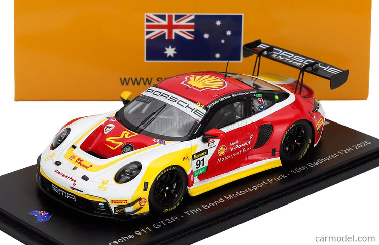 Porsche 911 992 GT3 R Team The Bend Motorsport Park N°91 12h Bathurst 2025 Laurin Heinrich - Yasser Shahin - Sam Shahin - Morris Schuring 1:43 Spark Model žltá červená biela