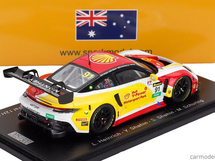 Porsche 911 992 GT3 R Team The Bend Motorsport Park N°91 12h Bathurst 2025 Laurin Heinrich - Yasser Shahin - Sam Shahin - Morris Schuring 1:43 Spark Model žltá červená biela