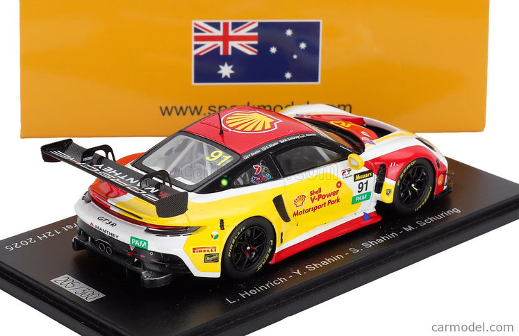Porsche 911 992 GT3 R Team The Bend Motorsport Park N°91 12h Bathurst 2025 Laurin Heinrich - Yasser Shahin - Sam Shahin - Morris Schuring 1:43 Spark Model žltá červená biela