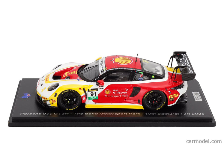 Porsche 911 992 GT3 R Team The Bend Motorsport Park N°91 12h Bathurst 2025 Laurin Heinrich - Yasser Shahin - Sam Shahin - Morris Schuring 1:43 Spark Model žltá červená biela