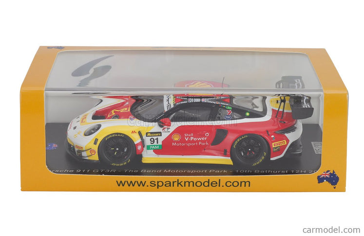 Porsche 911 992 GT3 R Team The Bend Motorsport Park N°91 12h Bathurst 2025 Laurin Heinrich - Yasser Shahin - Sam Shahin - Morris Schuring 1:43 Spark Model žltá červená biela