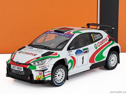 Toyota Yaris GR RALLY2 Hybrid N°1 Víťaz Rally Voyonic Grampian Forest 2024 Chris Ingram - Alexander Kihurani 1:18 IXO Models biela červená zelená