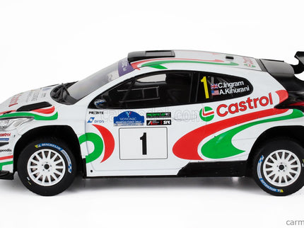Toyota Yaris GR RALLY2 Hybrid N°1 Víťaz Rally Voyonic Grampian Forest 2024 Chris Ingram - Alexander Kihurani 1:18 IXO Models biela červená zelená