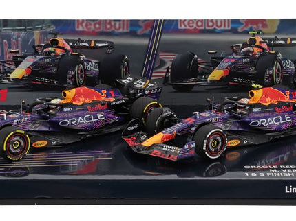 RED BULL | SET 2X F1  RB19 TEAM ORACLE RED BULL RACING N 1 WORLD CHAMPION WINNER LAS VEGAS USA GP 2023 MAX VERSTAPPEN + N 11 3rd LAS VEGAS USA GP 2023 SERGIO PEREZ | PURPLE YELLOW RED